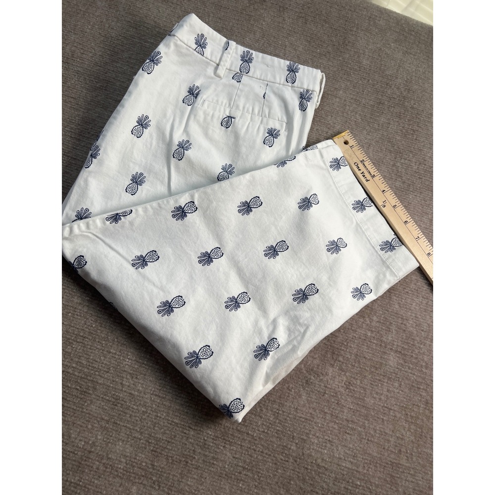 Talbots Perfect Skimmer Pants 14P White Navy Blue Pineapple Embroidered Petite - Picture 2 of 6